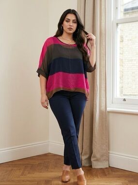 Relaxed Striped Chiffon Blouse - Pink and Navy one size fits all